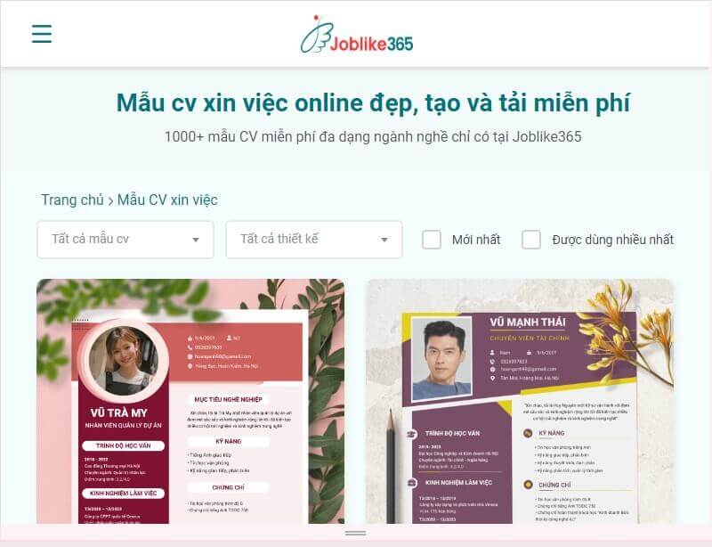 Mẫu CV tại Joblike365.com