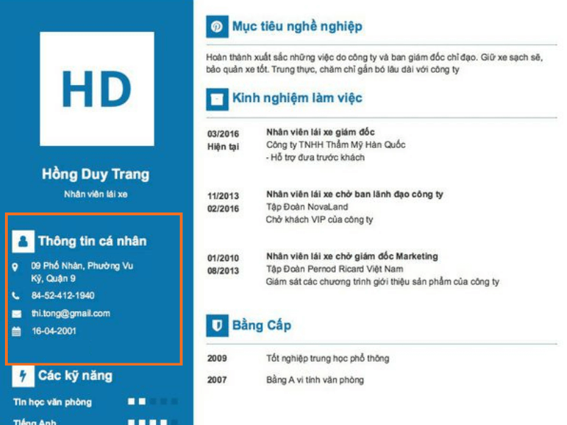 Phần thông tin cá nhân trong CV xin việc lái xe