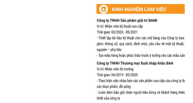 Phần kinh nghiệm làm việc trong CV ngành kỹ thuật