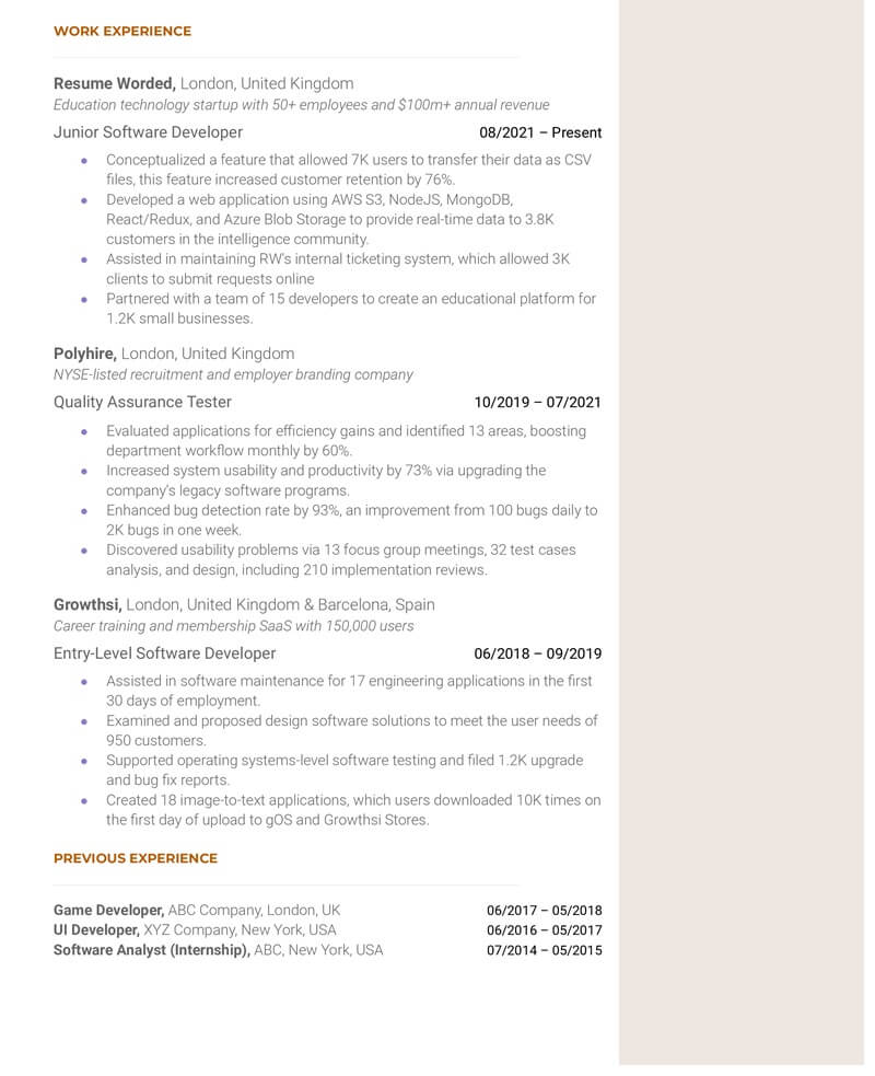 Phần kinh nghiệm làm việc trong CV Junior Developer