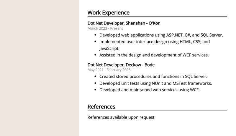 Phần kinh nghiệm làm việc trong CV Net Developer