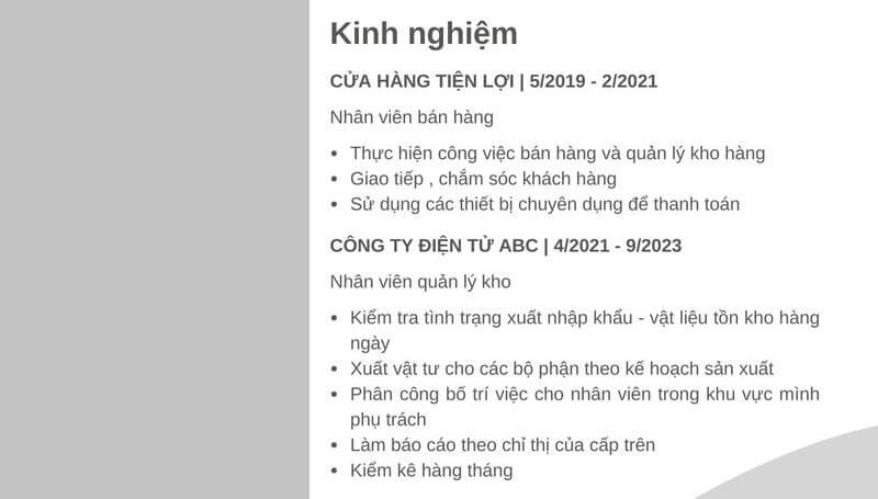 Phần kinh nghiệm làm việc trong bản CV xin việc thủ kho