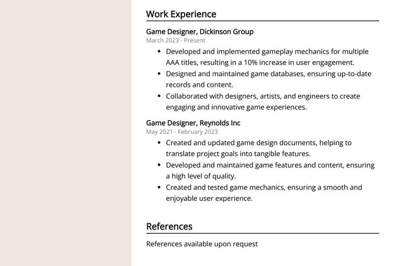 Phần kinh nghiệm làm việc trong CV Game Designer