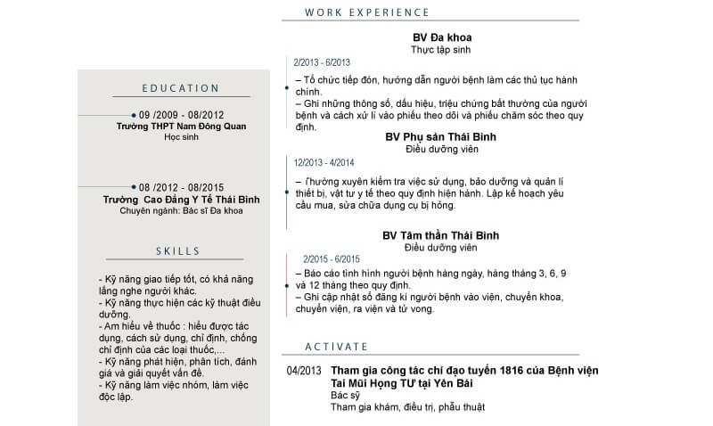 Phần kinh nghiệm làm việc trong CV xin việc điều dưỡng