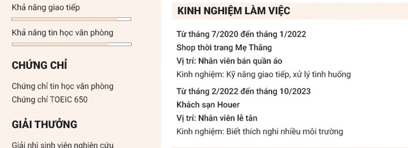 Phần kinh nghiệm làm việc trong bản CV lễ tân