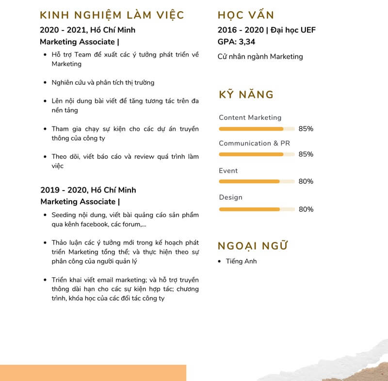 Phần kinh nghiệm làm việc trong CV Marketing Intern